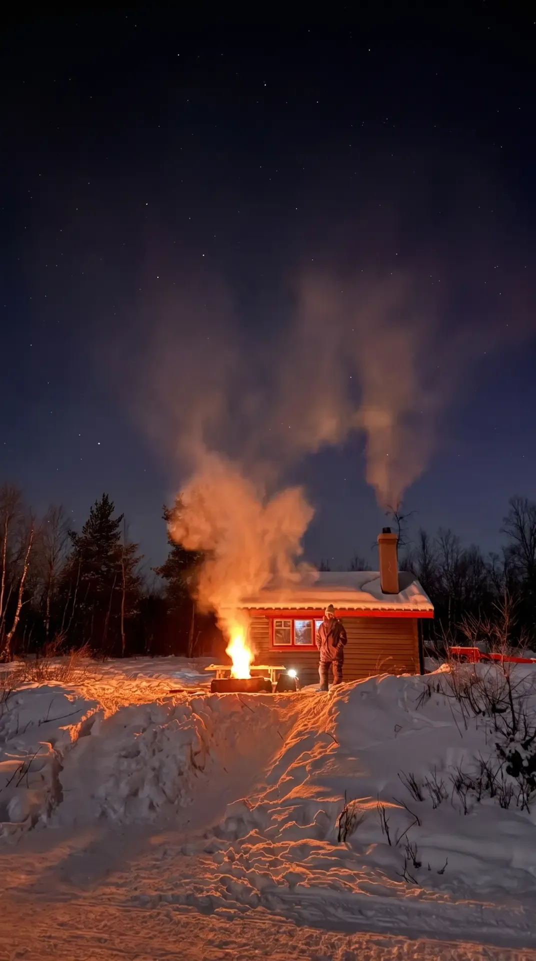 Open fire burning beside a warming cabin under a starry night sky outside Kiruna