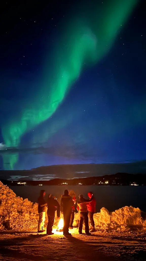 A group standing around an open fire on the shore of a frozen lake under a strong green aurora