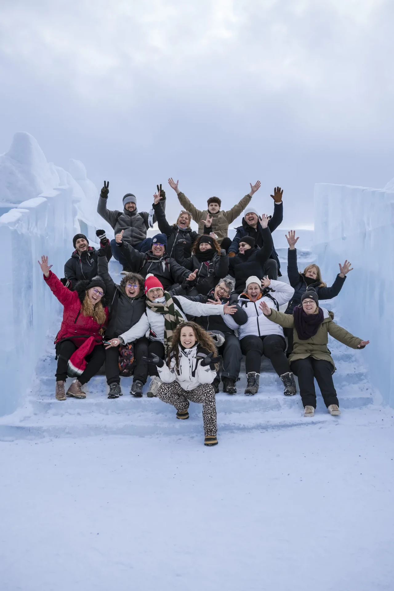 Our guest group celebrating on the ice steps at the ICEHOTEL