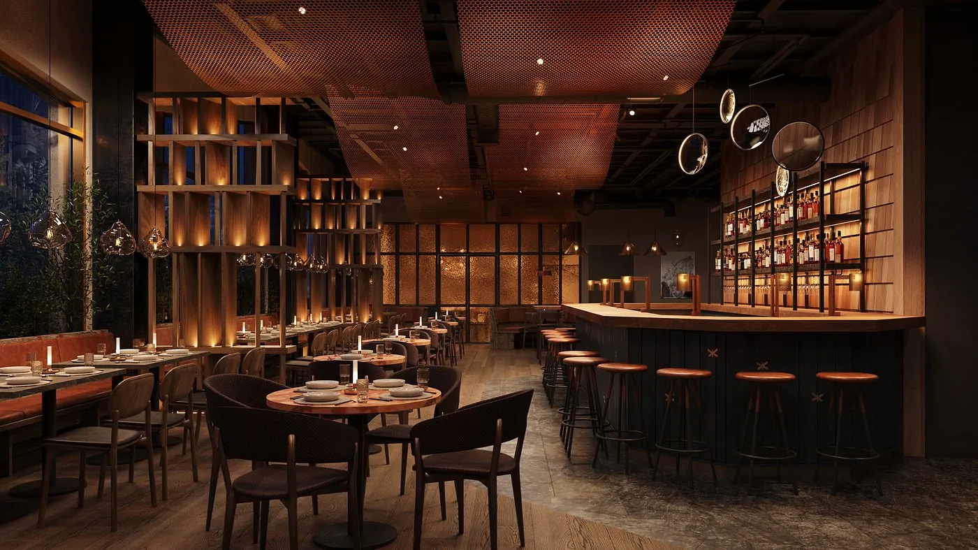 The dining room and bar at Restaurant Fe in warm light, with wood and iron detailing